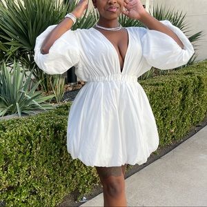 White Puff Sleeve Puffball Hem Shift Dress